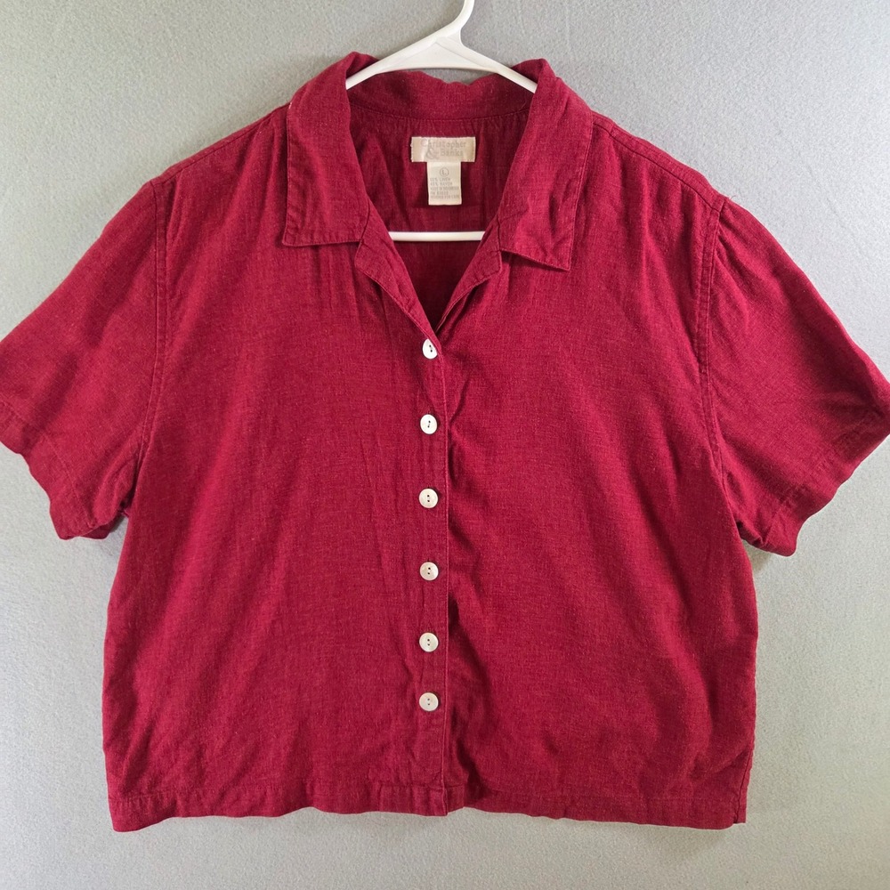 Christopher & Banks Red Linen Rayon Blend Short Sleeve Button Down Shirt Large